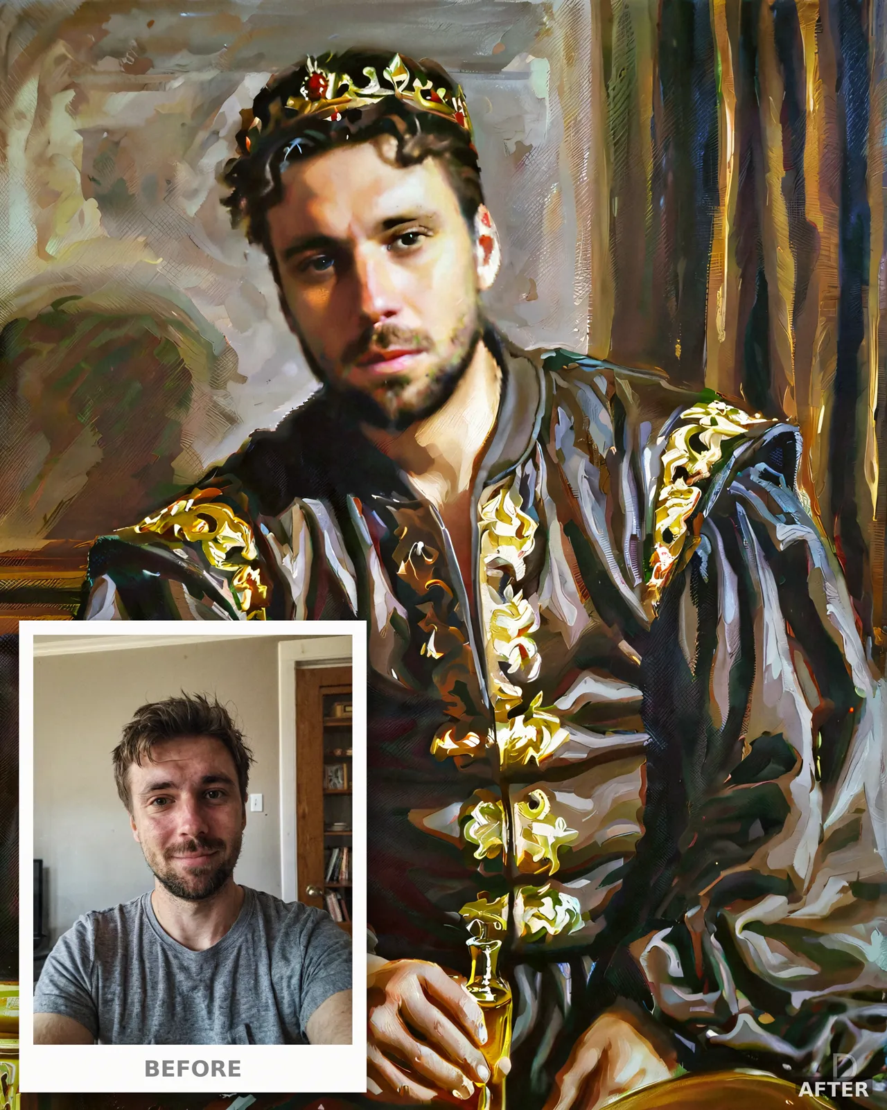 Custom Renaissance Oil Portrait, Royal Velvet Robe, Crown, 4K Digital Download