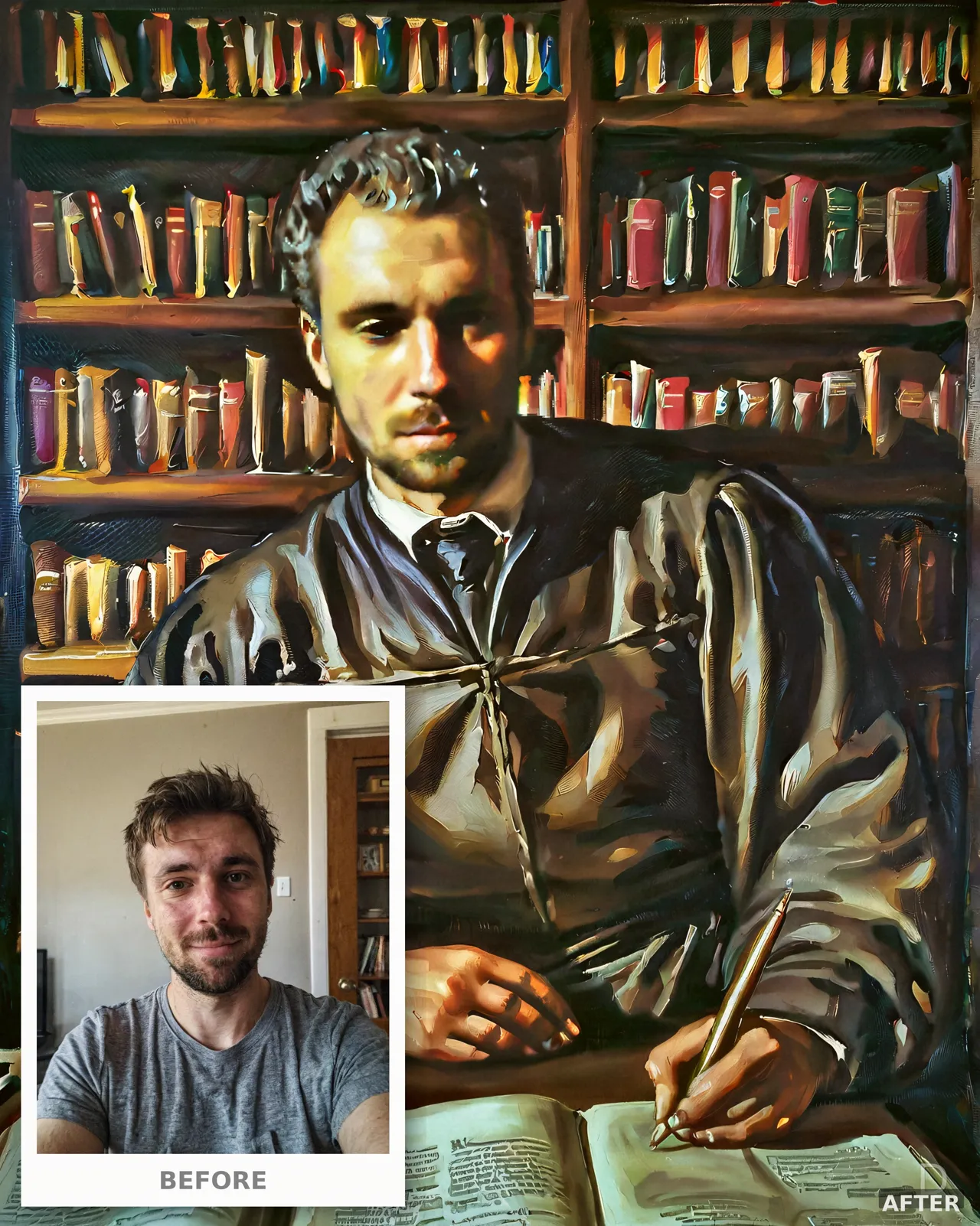 Custom Dark Academia Portrait from Photo, Renaissance Scholar Oil Painting, Candlelit Study (4K Download)