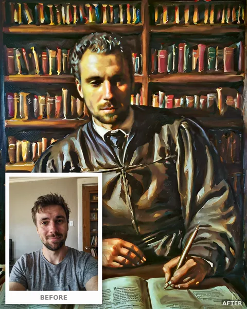 Custom Dark Academia Portrait from Photo, Renaissance Scholar Oil Painting, Candlelit Study (4K Download)