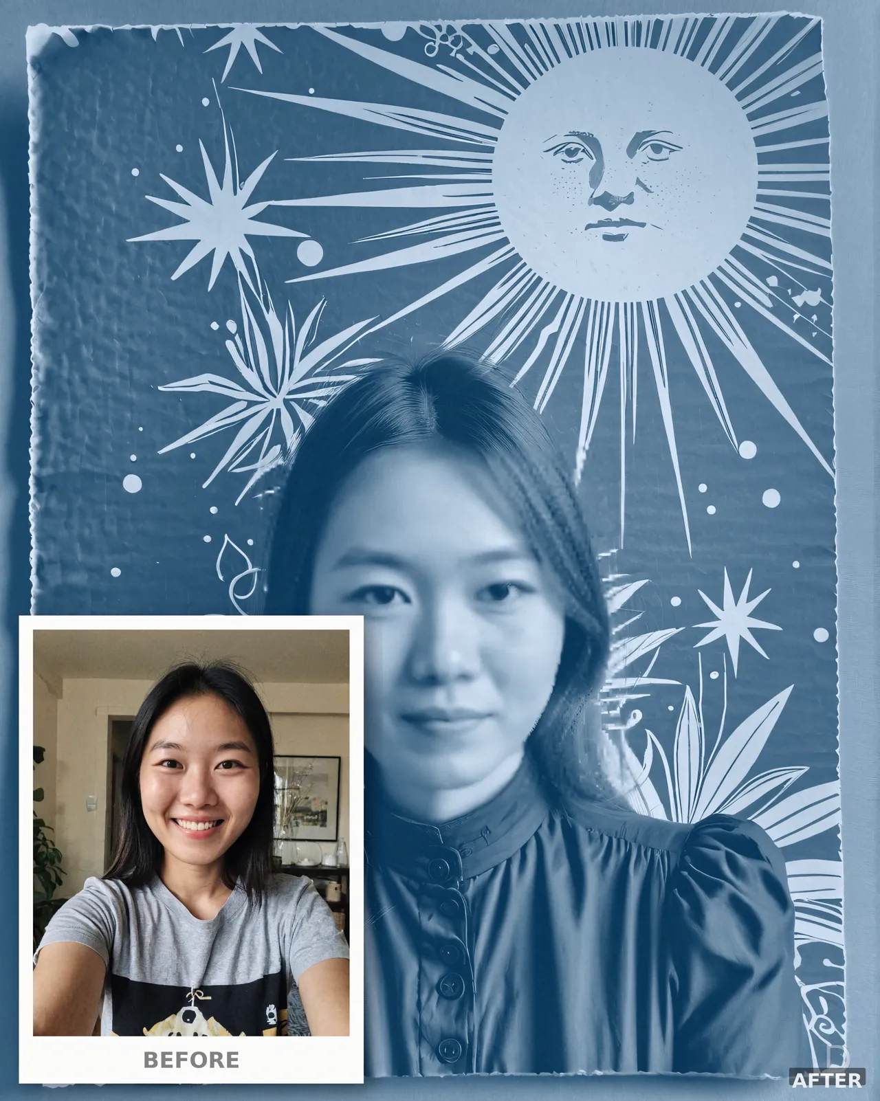 Custom Cyanotype Portrait from Photo, 1890s Vintage Blue Print Art (4K Digital Download)