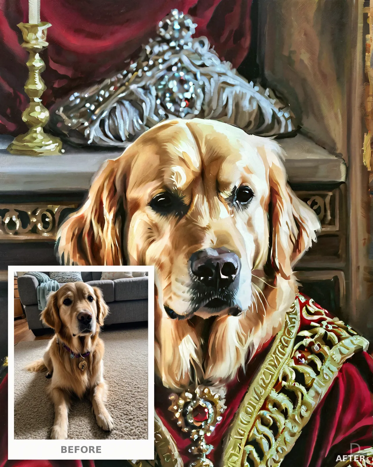 Custom Royal Pet Portrait from Photo, Golden Retriever King Oil Painting (4K Digital Download)