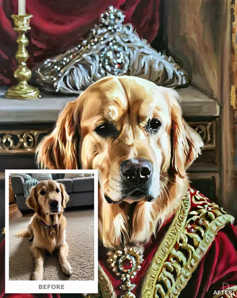 Custom Royal Pet Portrait from Photo, Golden Retriever King Oil Painting (4K Digital Download)